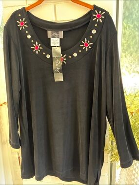 Silky Black Long-Sleeve Scoop Neck Top with Pink & Gold Accents - Silky